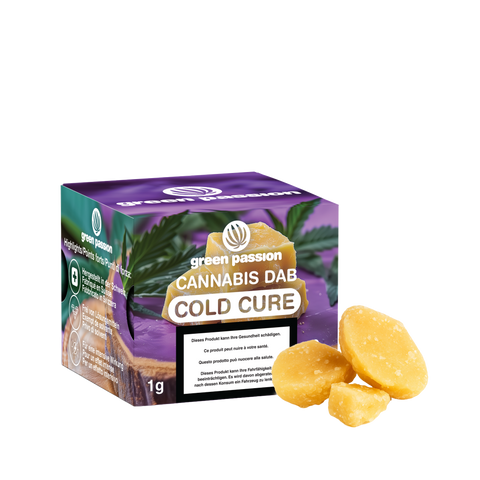 Green Passion Cannabis Dab Cold Cure – Verpackung mit hellgelben Cold Cure Dabs, 1g CBD Konzentrat ohne THC, ideal zum Verdampfen oder Dabben.