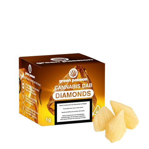 Green Passion CBD Dab Diamonds 1g – hochwertige Cannabis-Dabs in kristalliner Form mit goldener Verpackung und starker CBD-Konzentration