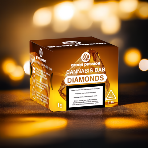 Verpackung von CBD Dab Diamonds, 1g, mit leuchtenden, goldenen Akzenten und klaren Produktinformationen auf der Vorderseite.