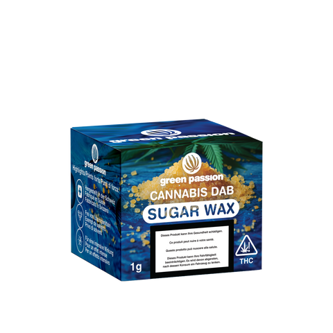 Verpackung des CBD-Produkts Sugar Wax, 1g, mit Cannabis-Dab-Design, blauen und grünen Farben und Gesundheitswarnhinweis.