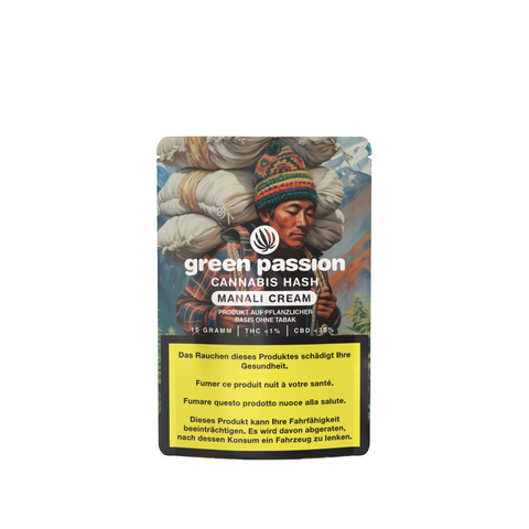 Manali Cream CBD Hash in der stilvollen Green Passion Verpackung. Authentischer Geschmack, weiche Konsistenz und reiches Aroma für höchste Qualität.