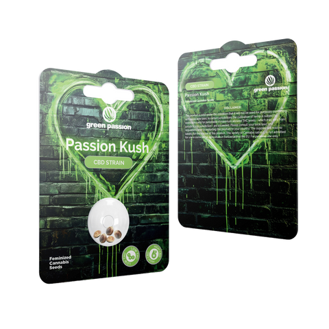 Passion Kush CBD Samen von Green Passion – feminisierte Hanfsamen in kreativer Verpackung mit grünem Neonherz auf dunkler Wand für Urban Grower.