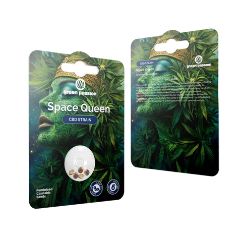 Space Queen CBD Samen von Green Passion – feminisierte Hanfsamen in mystischer Verpackung mit Hanfblättern und spacigem Design für besondere Ernten.