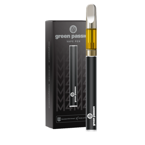 CBD Vape Pen von Green Passion – eleganter und leistungsstarker Vaporizer mit wiederaufladbarem Akku, abgebildet mit Verpackung und Kartusche für ein stilvolles Dampferlebnis