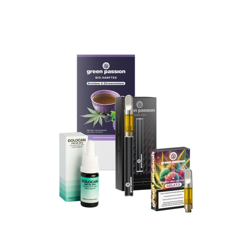 Green Passion CBD-Set mit Hanftee, Gelato Vape Cartridge, Vape Pen und DOLOCAN 30% CBD Öl – hochwertige CBD-Produkte im freigestellten Gruppenbild.
