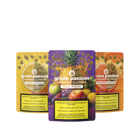 Frische CBD-Blüten in verschiedenen fruchtigen Sorten.