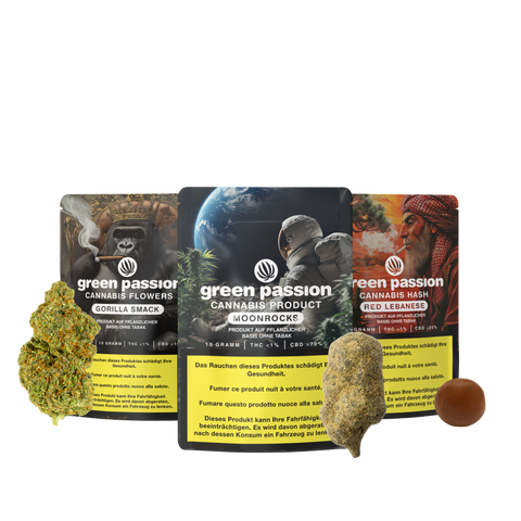 CBD Highlight-Set mit Gorilla Smack, Moonrocks und Red Lebanese Produkten, präsentiert in stilvollen Verpackungen, umgeben von Cannabisblüten.
