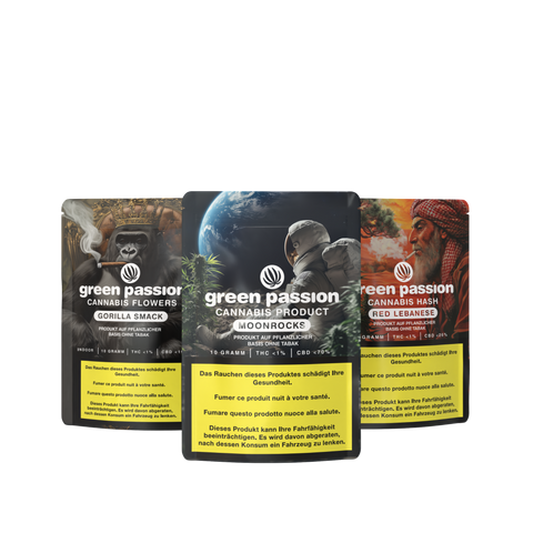 Drei bunte Verpackungen des CBD Highlight-Sets von Green Passion mit den Sorten Gorilla Smack, Moonrocks und Red Lebanese vor dunklem Hintergrund.