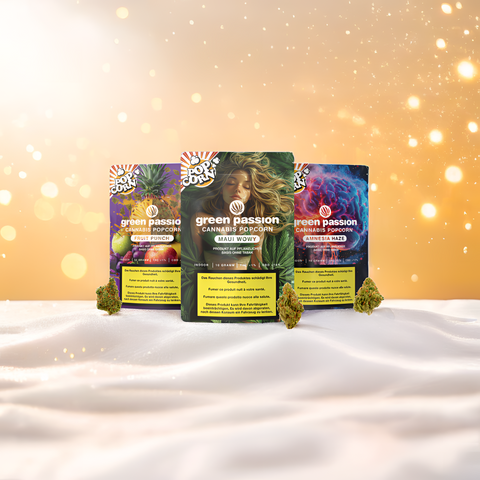 Green Passion CBD Popcorn Set mit Lichtreflexen – Maui Wowy, Fruit Punch, Amnesia Haze als dekorative CBD Blüten Produkte