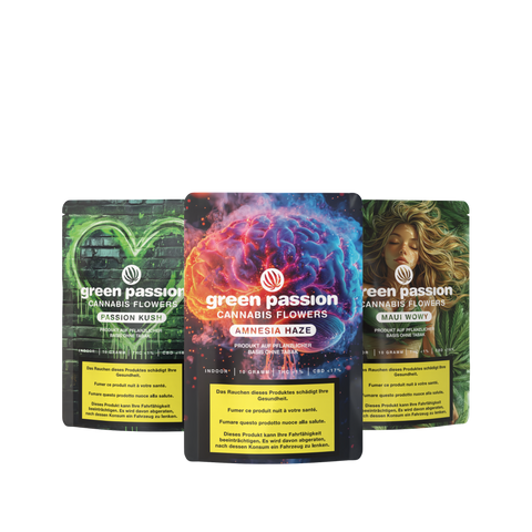 Drei bunte Verpackungen von Green Passion CBD Blüten im Topseller-Set, Sorten Passion Kush, Amnesia Haze, Maui Wowy, vor schwarzem Hintergrund.