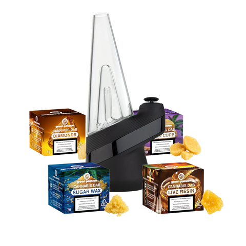 CBD Dabs Pro-Set mit Vaporizer und verschiedenen Dab-Sorten wie Diamonds, Sugar Wax und Live Resin in bunten Verpackungen.
