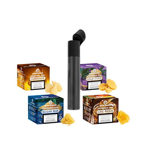 CBD Dabs Starter-Set mit Vaporizer und vier Dab-Sorten: Diamonds, Cold Cure, Sugar Wax und Live Resin, ideal für Einsteiger.