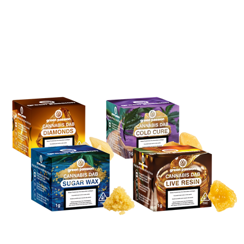 Vier bunte Boxen mit CBD Dabs: Diamonds, Cold Cure, Sugar Wax und Live Resin. Jede Box zeigt die jeweilige Konsistenz des Produkts.