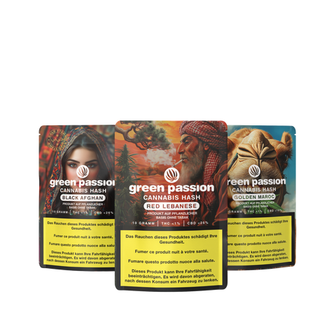 Verpackungen des CBD Hash Arabic Sets mit Black Afghan, Red Lebanese und Golden Maroc Designs, jeweils mit traditionellem Motiv.