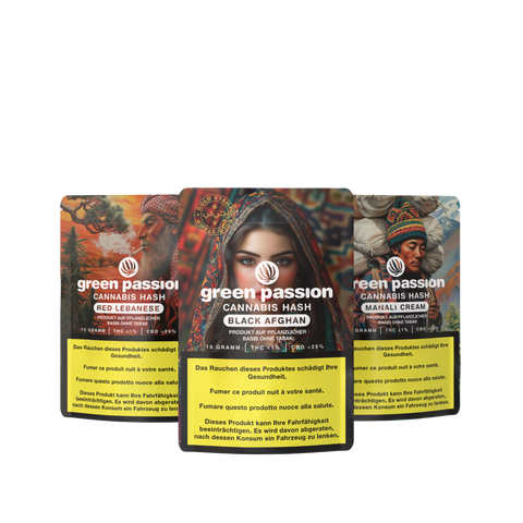 Verpackungen des „CBD Hash - Creamy Set“ mit kunstvollen Designs, darunter Red Lebanese, Black Afghan und Manali Cream, vor weißem Hintergrund.
