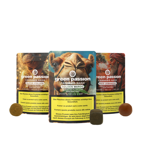 Drei bunte Verpackungen von CBD Hash Mixed Set mit den Sorten Super Pollen, Golden Maroc und Red Lebanese, jeweils mit Produktwarnhinweisen.