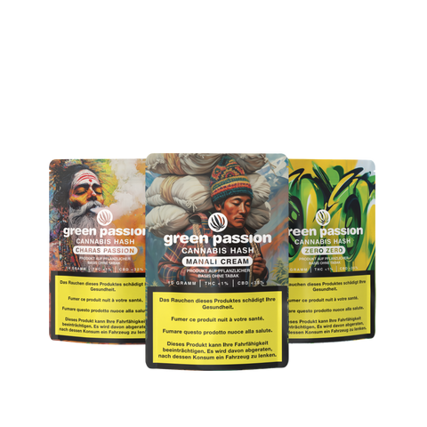 Drei bunte Verpackungen des CBD Hash Oriental Sets mit den Sorten Charas Passion, Manali Cream und Zero Zero, verziert mit lebhaften Illustrationen.
