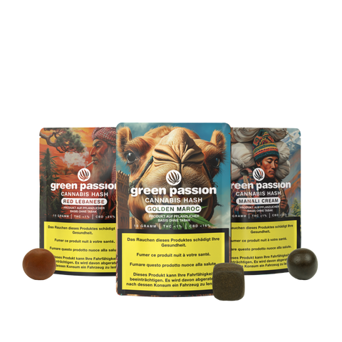 Green Passion Hash Collection mit Red Lebanese, Golden Maroc und Manali Cream, inkl. Hash-Blöcken – ideal für Liebhaber exotischer CBD Sorten