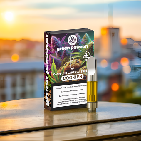 CBD Vape Cartridge Cookies von Green Passion – süss-herber Geschmack mit 55% CBD. Hochwertiges 1ml Liquid für ein intensives Dampferlebnis.