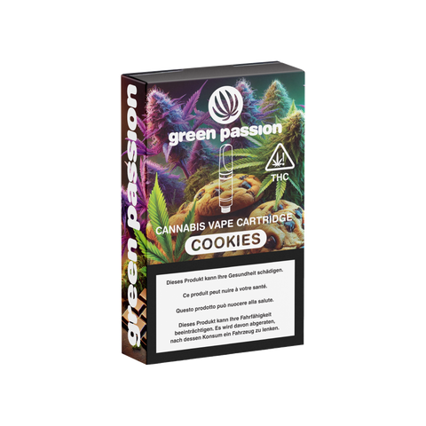 Green Passion CBD Vape Cartridge Cookies kaufen – Verpackung mit Hanfblüten und Cookies, THC-haltig, jetzt online bestellen Schweiz