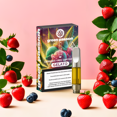 CBD Vape Cartridge Gelato von Green Passion – fruchtig-cremiger Geschmack mit 55% CBD. Perfektes Aroma für entspannte Momente.