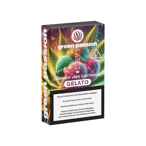 Green Passion CBD Vape Cartridge Gelato kaufen – Produktbild mit Ice-Cream Motiv, THC-haltige Sorte, im Schweizer Online-Shop verfügbar