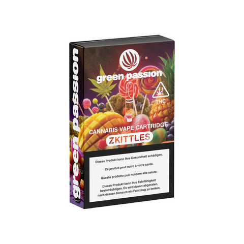 Green Passion CBD Vape Cartridge Zkittles kaufen – Produktverpackung mit Frucht-Mix, THC-haltige Sorte, online erhältlich in der Schweiz