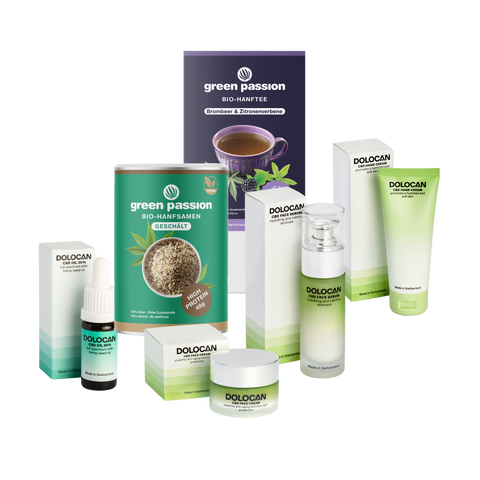 CBD Wellbeing-Set mit Hanftee, geschälten Hanfsamen und Dolocan CBD-Produkten für Gesicht und Hände, präsentiert in einer ansprechenden Anordnung.