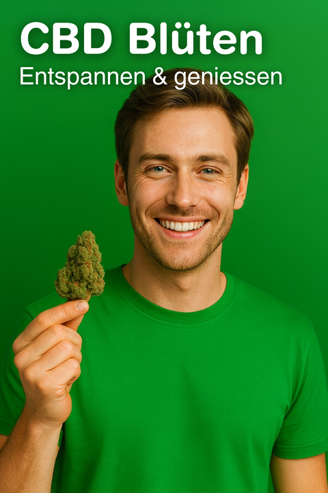 Lächelnder Mann hält CBD Blüte vor grünem Hintergrund – Entspannen & geniessen – Green Passion CBD Shop Schweiz