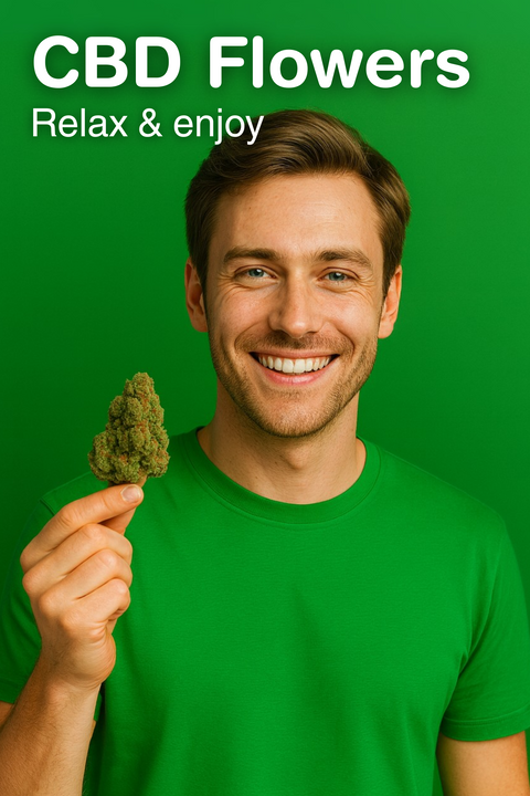 Smiling man holding a CBD flower against green background – Relax and enjoy – Green Passion CBD Shop Switzerland