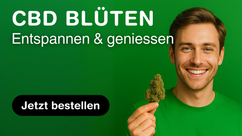 Lächelnder Mann hält CBD Blüte vor grünem Hintergrund – Entspannen & geniessen – Green Passion CBD Shop Schweiz