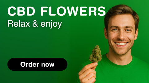 Smiling man holding a CBD flower against green background – Relax and enjoy – Green Passion CBD Shop Switzerland