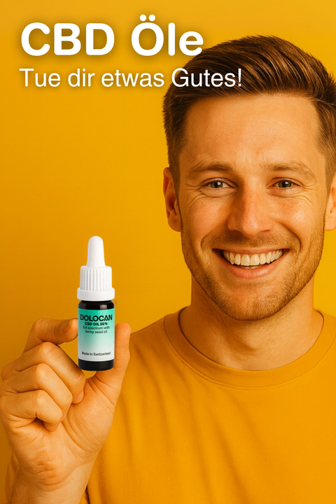 Lächelnder Mann hält CBD Öl Fläschchen Dolocan vor gelbem Hintergrund – Green Passion CBD Shop Schweiz