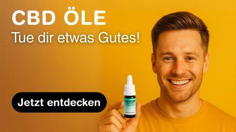 Lächelnder Mann hält CBD Öl Fläschchen Dolocan vor gelbem Hintergrund – Green Passion CBD Shop Schweiz