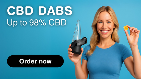 Smiling woman holding a vaporizer and a CBD Dab, up to 98 % CBD – Green Passion, CBD Shop Switzerland