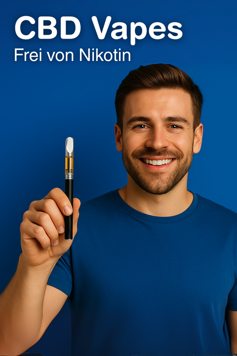 Lächelnder Mann mit CBD Vape Pen ohne Nikotin vor blauem Hintergrund – Green Passion CBD Shop Schweiz