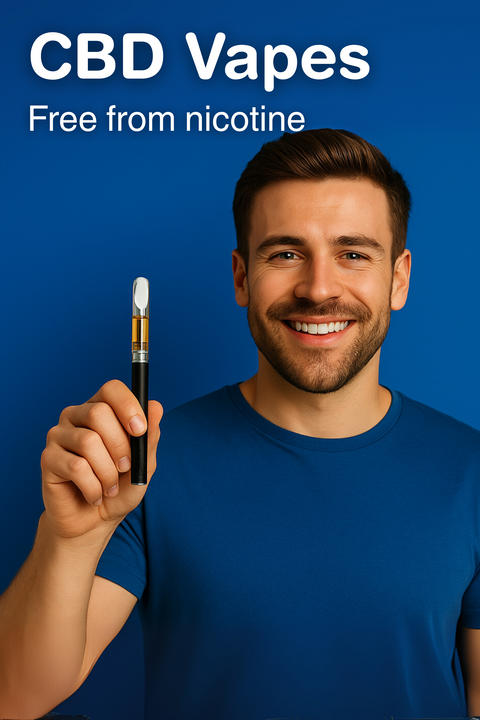Smiling man holding a CBD Vape Pen without nicotine against blue background – Green Passion CBD Shop Switzerland