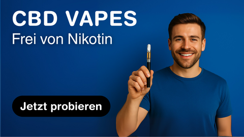 Lächelnder Mann mit CBD Vape Pen ohne Nikotin vor blauem Hintergrund – Green Passion CBD Shop Schweiz