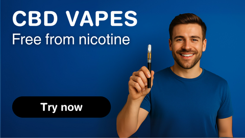 Smiling man holding a CBD Vape Pen without nicotine against blue background – Green Passion CBD Shop Switzerland