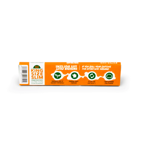 PURIZE King Size Slim Papers Rückseite – veganes Rolling Paper aus ungebleichtem Papier, plastikfrei, mit USP Icons auf oranger Verpackung