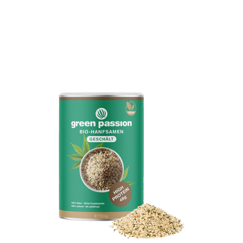 Green Passion Bio-Hanfsamen geschält – 150g Dose mit geöffnetem Deckel und frischen Hanfsamen für Müesli, Smoothie & Porridges.