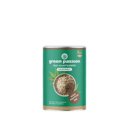 Green Passion Bio-Hanfsamen geschält – hochwertige Hanfsamen, vegan und proteinreich, in 150g-Dose.