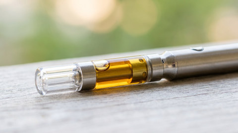 CBD Vape Pen Cartridge mit Amber-Liquid auf hellem Hintergrund