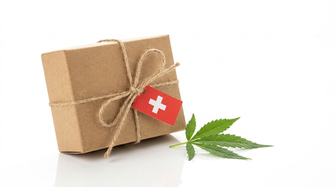 Kraftpapier-Paket mit Schweizer-Flaggen-Anhänger und Hanfblatt auf weißem Hintergrund