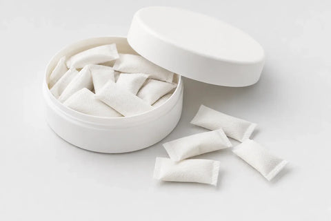 Geöffnete weisse CBD-Snus-Dose mit Pouches auf hellem Hintergrund