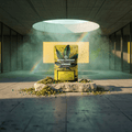 Green Passion Cannabis Flower Mix CBD Crunch – gelbe 5g-Packung auf Steinsockel in minimalistischer Betonarchitektur mit Oberlicht, Regenbogenreflexen und explodierten Blütenpartikeln.