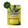 Gelbe Green Passion Verpackung des Cannabis Flower Mix "CBD Crunch" – Indoor, 20g, THC <1%, CBD <20%. Zeigt ein grosses Cannabisblatt mit Farbspritzern. Badge: "Neues Design".