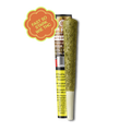 CBD Pre-Rolled Joint in King Size mit grünem Coating, präsentiert vor einer Verpackung mit gelbem Warnhinweis und rotem Etikett.