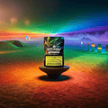 Green Passion Cannabis Flowers Freedom Flower – Packung auf futuristischem Sockel in surrealer Wüstenlandschaft mit spektralem Regenbogenhorizont und holografischen Monolithen.
