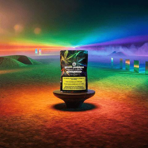 Green Passion Cannabis Flowers Freedom Flower – Packung auf futuristischem Sockel in surrealer Wüstenlandschaft mit spektralem Regenbogenhorizont und holografischen Monolithen.
